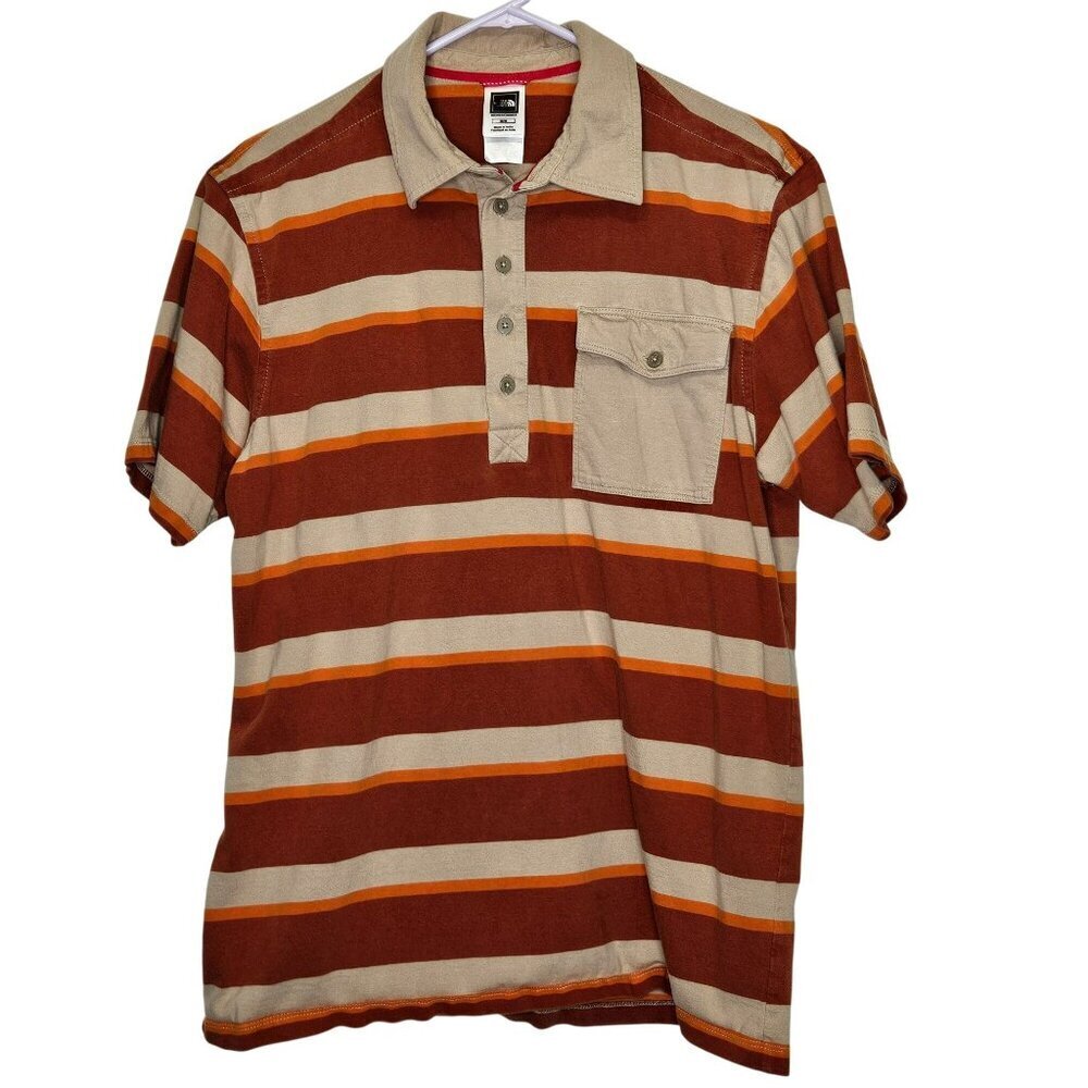 The North Face Mens Striped Polo Shirt M Brown & Orange‎ Cotton Retro Gorpcore